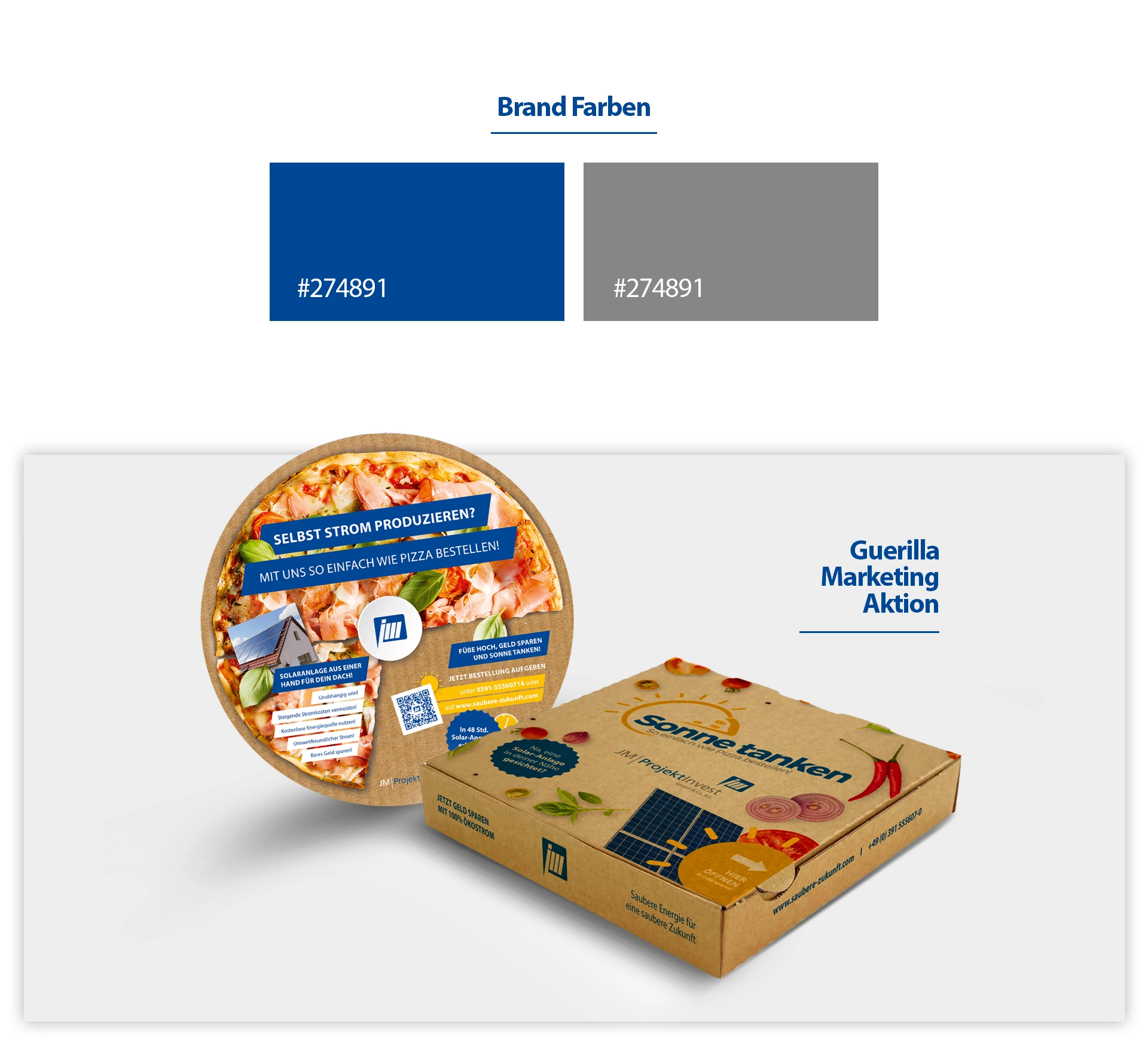 Farbkonzept und Guerilla Marketing Aktion mit bedrucktem Pizzakarton und Werbeflyer im Look einer echten Pizza.